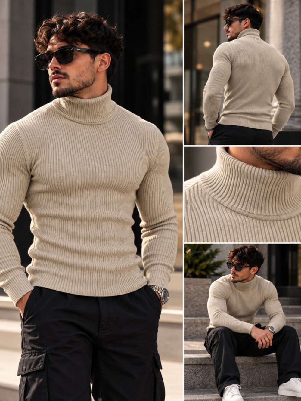 COOFANDY Men’s Ribbed Turtleneck Sweater XXL Khaki Slim Fit Knit Pullover